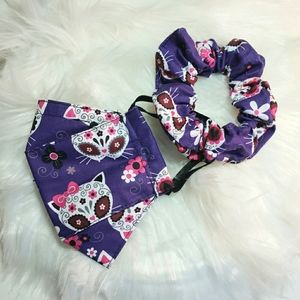 Handmade Sugar Skull cat mask & scrunchie set